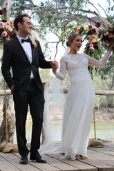 A-line Lace Long Sleeves Round Neck Slit Wedding Dress, Wedding Gowns